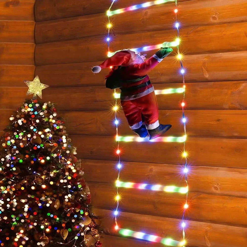 anta Claus subiendo escalera de luces LED navideñas, decoración MyGiftBox.
