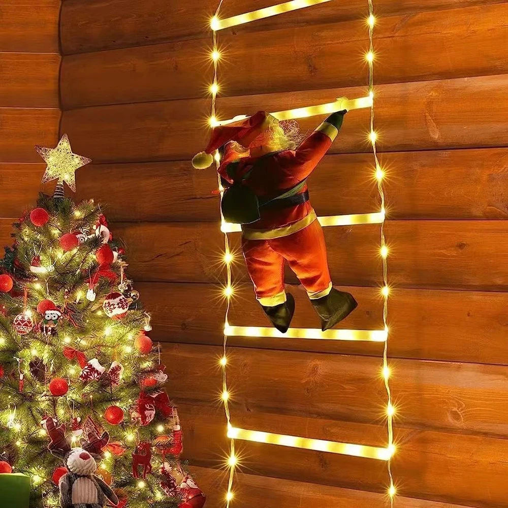 Santa Claus subiendo escalera de luces LED navideñas, decoración MyGiftBox.