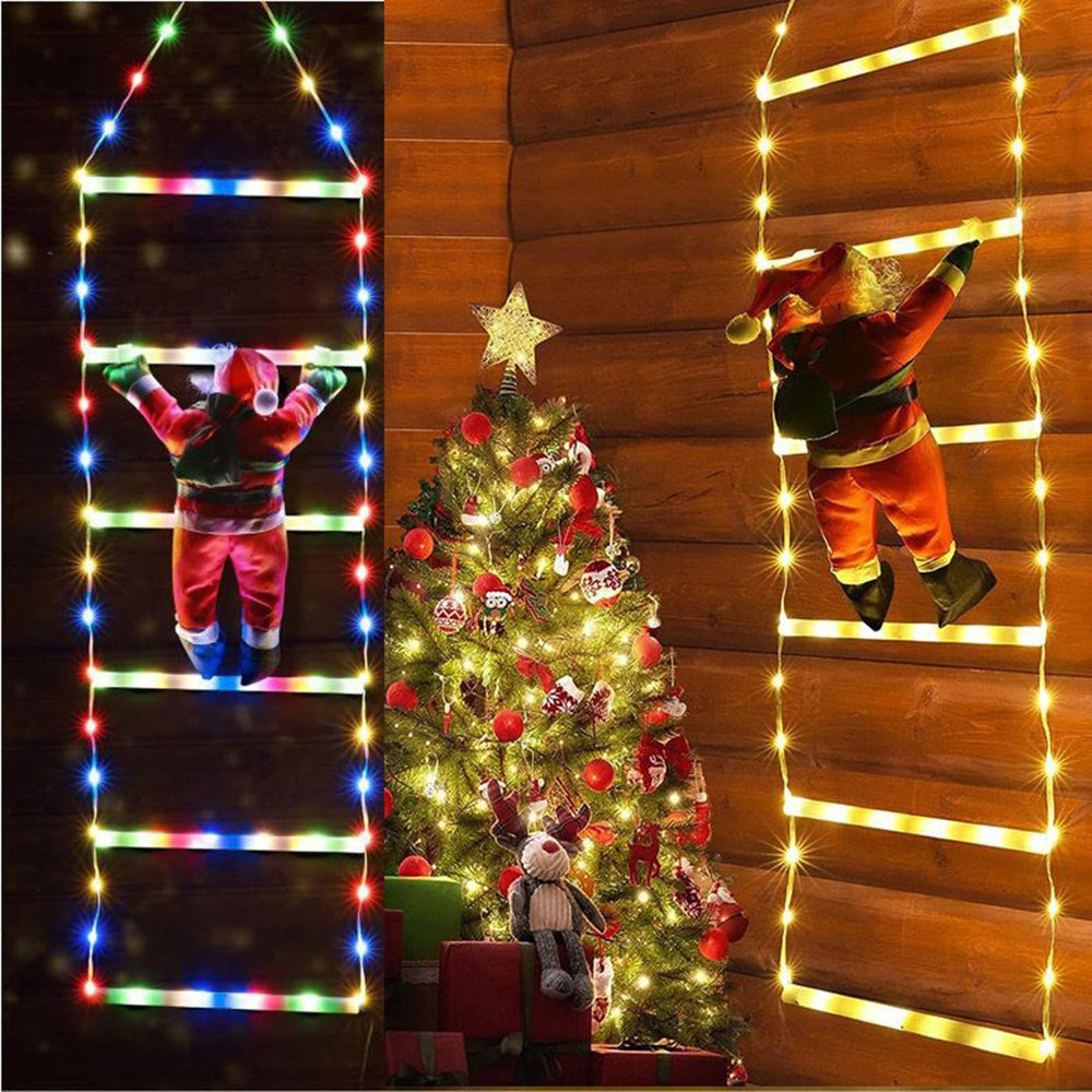 Escalera de luces LED navideñas colgada en pared de madera, luz cálida MyGiftBox
